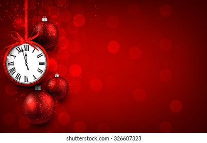 New year red background with christmas balls and vintage clock. Vector illustration with place for text. 
