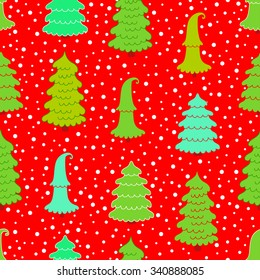 New year red background with Christmas trees and snow. Will look good on paper for packing gifts for Christmas.