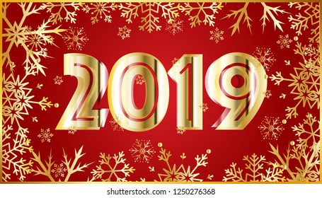 New Year red background with golden snowflakes. Holiday gold pattern. Golden snow flakes.