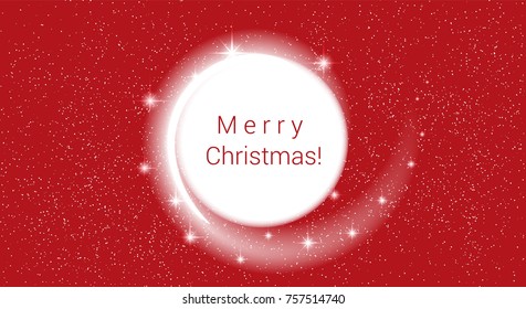 New Year red background white blizzard and stars. Round place with text Merry Christmas