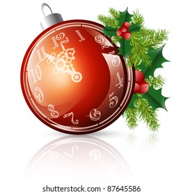 New year red ball with clock and christmas decorations over white background