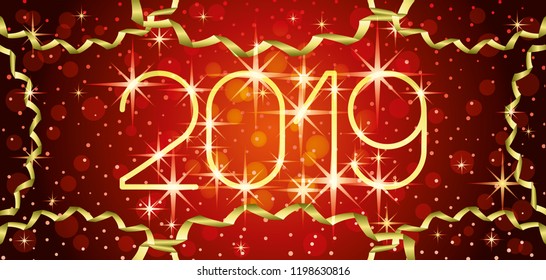 New year red banner 2019 with stars.