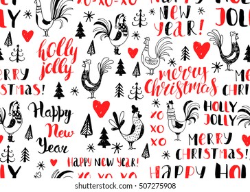 New Year red and black vector seamless pattern. Hand drawn background with rooster and Christmas tree. Handwritten inscriptions. Modern brush calligraphy.