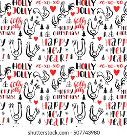 New Year red, black and white vector seamless pattern. Hand drawn background with rooster and Christmas tree. Handwritten inscriptions. Modern brush calligraphy.