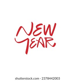 New Year red color hand drawing lettering phrase. Vector art isolated on white background.