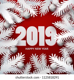 New Year red colored background with white paper art cut out for tree branches decorative balls. Holiday Vector illustration. Card, banner, poster. Material applique 2018