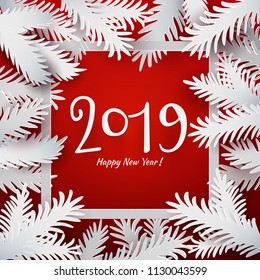New Year red colored background with white paper art cut out fir tree branches. Holiday Vector illustration. Card, banner, poster. Material applique