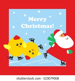 New year red postcard with Santa Claus and little cocks
