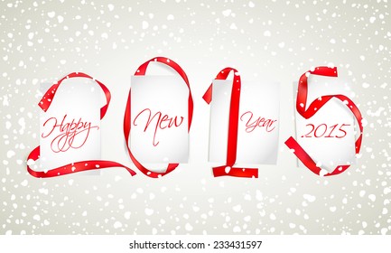 New year red ribbons with white paper cards and snowfall