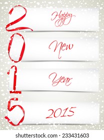 New year red ribbons with white paper cards and snowfall