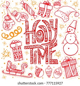 New year red set. Hand drawn vector illustration, design, greeting card