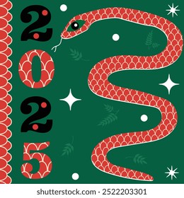 New Year of the red Snake 2025 poster. Simple shape snake entwines the ornate numbers 2025, isolated on a green background. Geometric shapes and leaves. Vector snake.