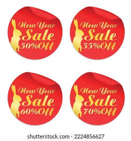 New Year red stickers set with bunny 50%, 55%, 60%, 70% off. Vector illustration