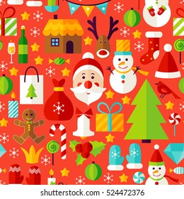 New Year Red Tile Pattern. Merry Christmas Flat Design Vector Illustration. Seamless Background. 