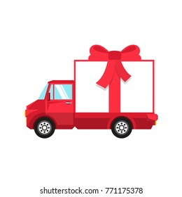 New Year red truck with box in the form of  gift tied with  red bow.
