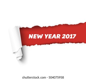 New Year red vector torn edge template and paper roll with rough fringe. Hole in white  realistic vector paper