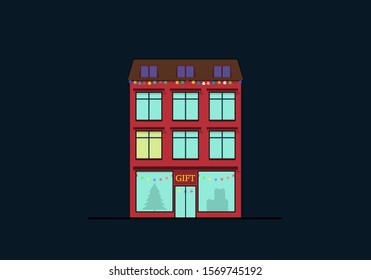 New year residential house with Christmas garlands, gift shop on the ground floor, vector illustration