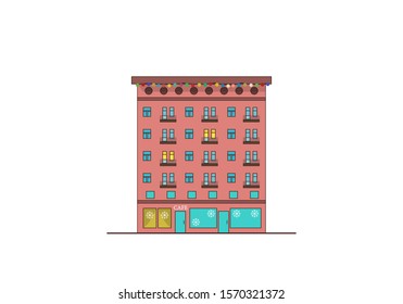 New year residential house with Christmas garlands, gift shop on the ground floor, vector illustration