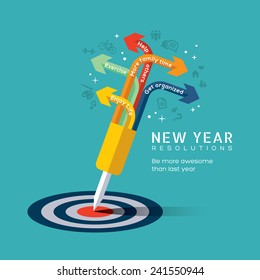 New Year Resolution Concept Illustration With Dart Pinned At Center Of Bullseye Target In Flat Design Icons Style