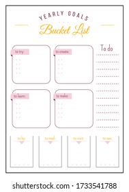 New year resolution minimalist planner page design. Bucket list with pink color accents. Cute memo. Yearly goals bullet journal printable sheet. Personal organizer. Notebook vector template