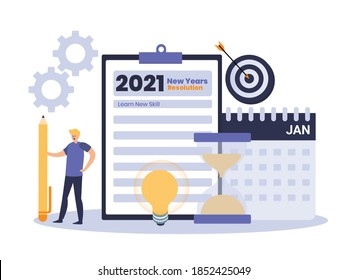 New Year Resolution vector concept: Man with 2021 new years resolution list to learn new skill with lightbulb, hourglass, and calendar