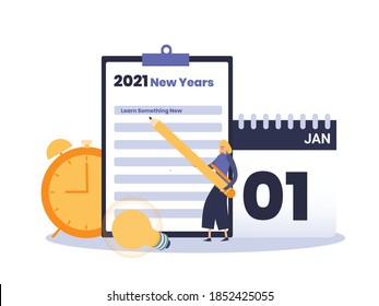 New Year Resolution vector concept: Woman writing 2021 new year resolution list to learn something new