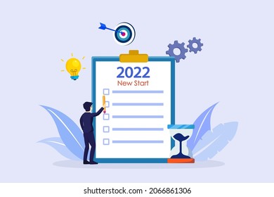 New year resolution vector concept. Young man holding a pencil while standing with a clipboard written of 2022 new start list