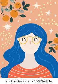 New year resolutions card. Cartoon illustration. Cute girl with oranges and stars. Postcard. Blue hair.