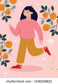New year resolutions card. Cartoon illustration. Cute girl with oranges and stars. Postcard.