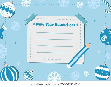 New year resolutions card with Christmas balls decoration in white Christmas theme background vector, inspiration and improvement concept