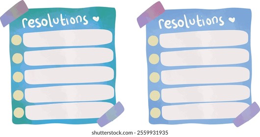 New year resolutions digital planner sticker in blue watercolor pastel blue green color notes tape