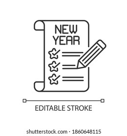 New Year resolutions linear icon. Annual plan. Checklist with task. Winter fun. Christmas season. Thin line customizable illustration. Contour symbol. Vector isolated outline drawing. Editable stroke