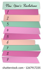 New Year Resolutions list vector template for goals. Purpose letter writing. Self improvement resolution, new year goals outline. List of blank memo notices. Motivation social media post design.