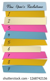 New Year Resolutions list vector template for plans. Blank wish list sticky badges. New start chance, year resolution challenge concept. Motivation social media post design. Life organization board.