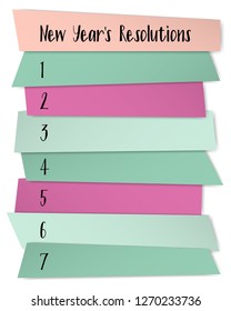 New Year Resolutions list vector template for goals. Life organization board. Success strategy resolution, plans new year vision. Motivation social media post design. Blank wish list sticky badges.