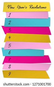New Year Resolutions list vector template for goals. Life organization board. Future resolution concept, goals for new year. To do list blank sticky notes. Annual inspiration poster design.