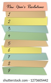 New Year Resolutions list vector template for goals. Blank wish list sticky badges. Changes resolution challenge, new year plans table. Annual motivation banner design. Business infographics.