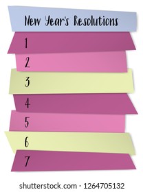 New Year Resolutions self improvement template. Annual inspiration poster design. New start chance, year resolution challenge concept. List of blank memo notices. Purpose letter writing.