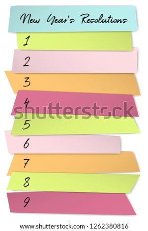 New Year Resolutions self improvement template. Future thinking graphics. Changes resolution challenge, new year plans table. Motivation social media post design. List of blank memo stickers.