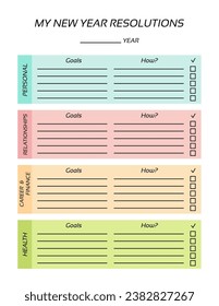 New Year resolutions template. Goals list worksheet. Vector blank page for writing down yearly plans. US Letter paper size. 