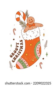 New year retro greeting card with Christmas stocking and gifts. Gingerbread man cookie, candy cane and sock in 70s style. Vintage typography Groovy Christmas. Vector for holidays postcard, invitation.