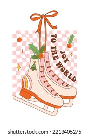 New year retro greeting card with Christmas ice skates. Roller skate with holly, rainbow, spruce in 70s style. Vintage typography Joy To The World. Vector illustration.
