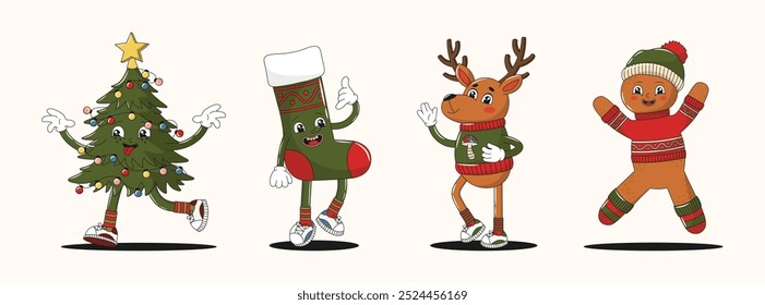 New Year retro groovy Christmas characters or mascots collection, 70s 80s vibe. Christmas Tree, Reindeer; Deer, Gingerbread man. Vector set, editable stroke. 