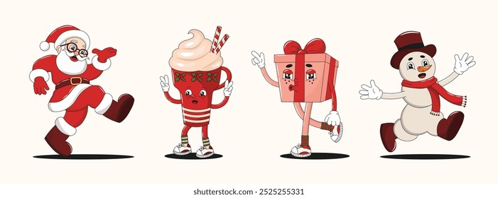 New Year retro groovy Christmas characters or mascots collection, 70s 80s vibe. Santa Claus, Cup or Mug of Coffee, Latte, Frappuccino, Gift Box and Snowman. Vector set, editable stroke. 