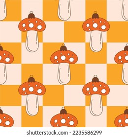 New year retro seamless pattern with groovy Christmas mushroom toys. Christmas toys on checkerboard background. Vintage vector for invitation, wrapping paper, packaging etc.