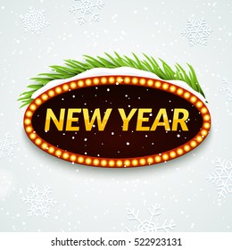 New year retro sign poster design template with snow and tree branch. Xmas frame greeting decoration