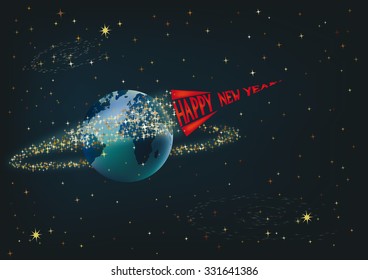 New year rocket flies around the Planet in the Space