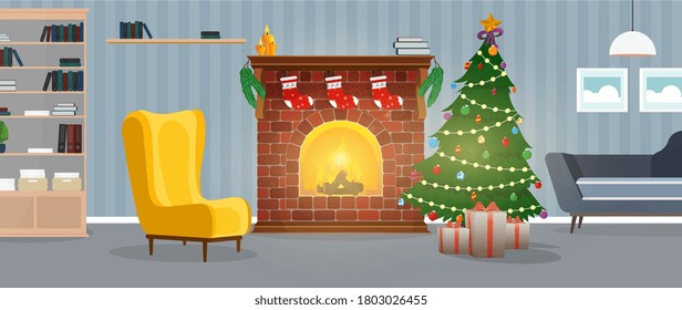 New Year. A room with a fireplace, a Christmas tree and gifts. Vector.