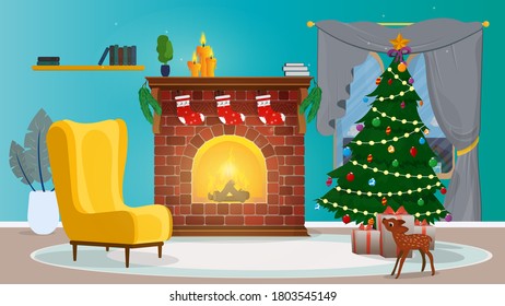 New Year. A room with a fireplace, a Christmas tree and gifts. Vector.