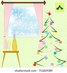 A New Year room interior with fir. Holly, decoration and champagne. Flat style vector illustration